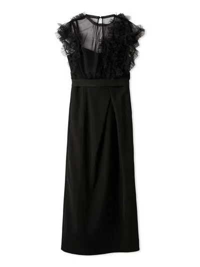 Snidel Chic Tulle Accent Satin Long Dress In Black