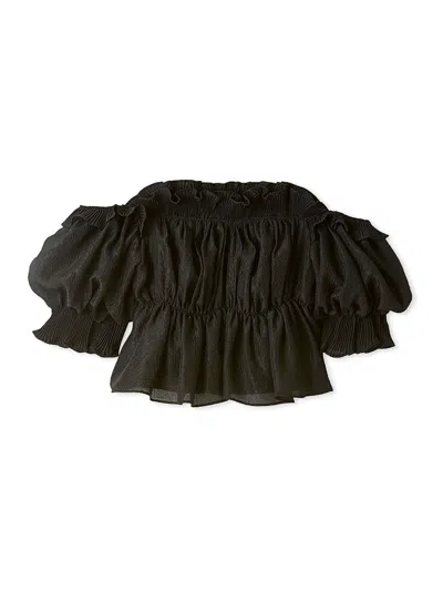 Snidel Jacquard Volume Gathered Off-shoulder Ruffle Blouse In Black