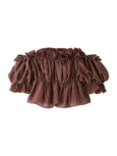 Snidel Jacquard Volume Gathered Off-shoulder Ruffle Blouse In Burgundy