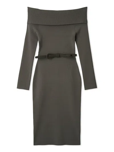 Snidel Off-shoulder Belted Knit Dress In Gray