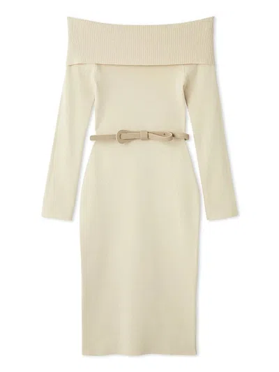 Snidel Off-shoulder Belted Knit Dress In Neutral