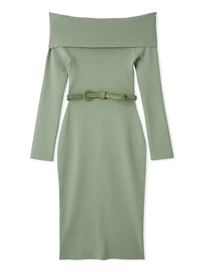 Snidel Off-shoulder Belted Knit Dress In Green