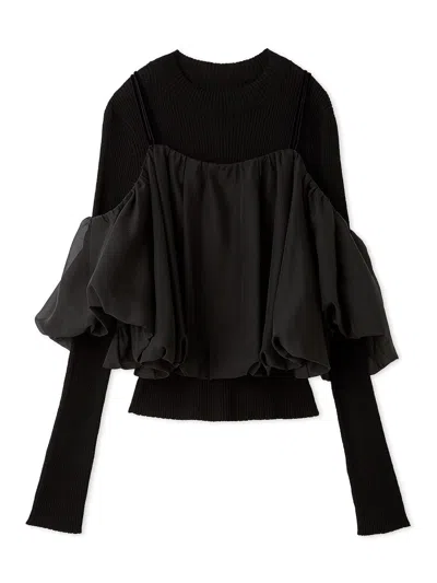 Snidel Off-shoulder Layered Knit Pullover In Black