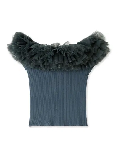 Snidel Off-shoulder Ruffle Neck Knit Top In Blue