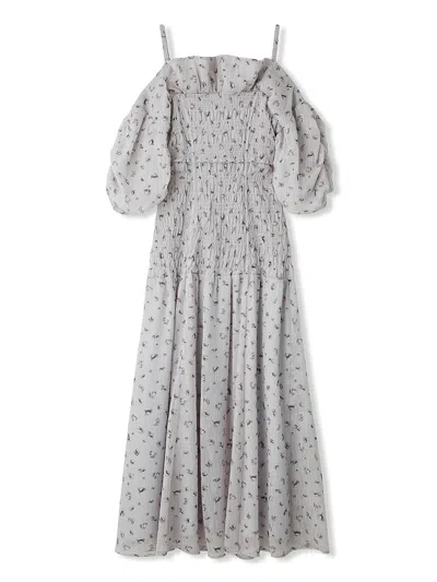 Snidel Off-shoulder Smocked Puff Sleeve Maxi Dress In Gray