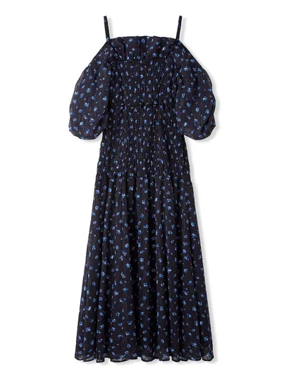 Snidel Off-shoulder Smocked Puff Sleeve Maxi Dress In Blue