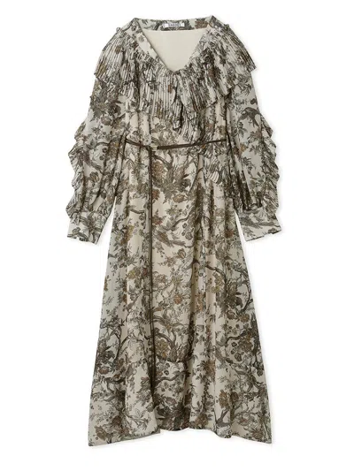 Snidel Pleated Frill Floral Maxi Dress With Belt In Green