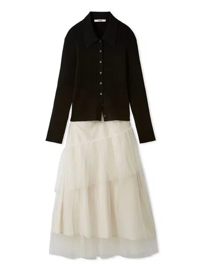 Snidel Polo Knit Set With Tulle Midi Skirt In Black