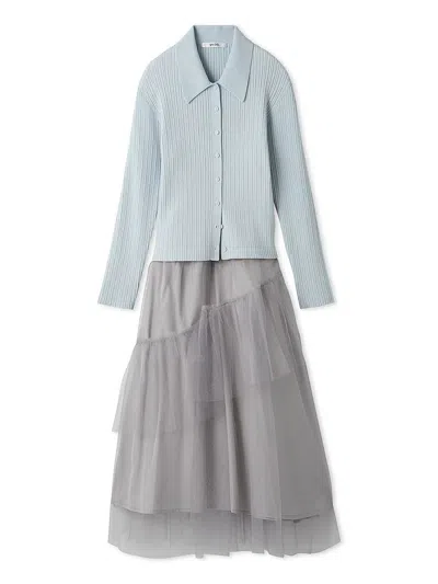 Snidel Polo Knit Set With Tulle Midi Skirt In Blue