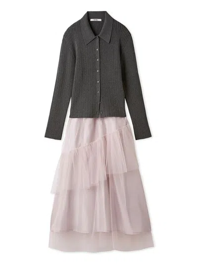 Snidel Polo Knit Set With Tulle Midi Skirt In Gray