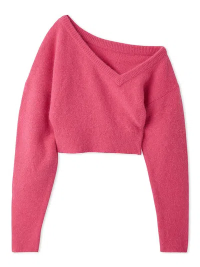 Snidel Raccoon Asymmetric Knit Pullover In Pink