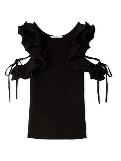 Snidel Ruffle Cold Shoulder Knit Top In Black