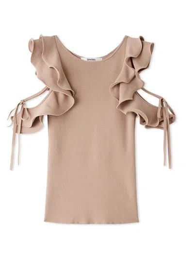 Snidel Ruffle Cold Shoulder Knit Top In Brown