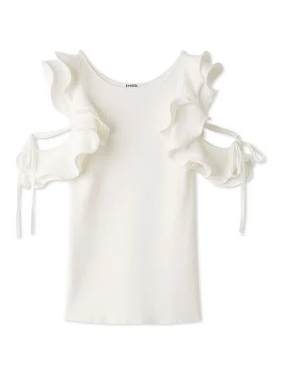 Snidel Ruffle Cold Shoulder Knit Top In Neutral