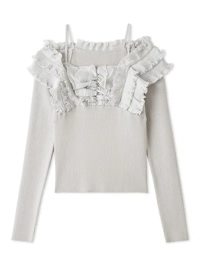 Snidel Ruffled Off-shoulder Ribbed Knit Top In Gray