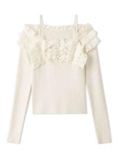 Snidel Ruffled Off-shoulder Ribbed Knit Top