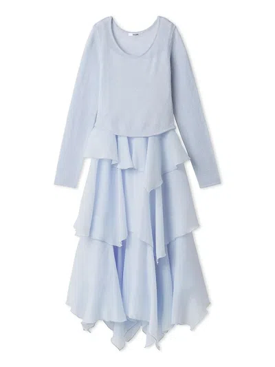 Snidel Sheer Asymmetric Hem Knit Combo Dress In Blue