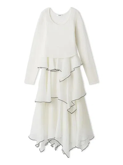 Snidel Sheer Asymmetric Hem Knit Combo Dress In White