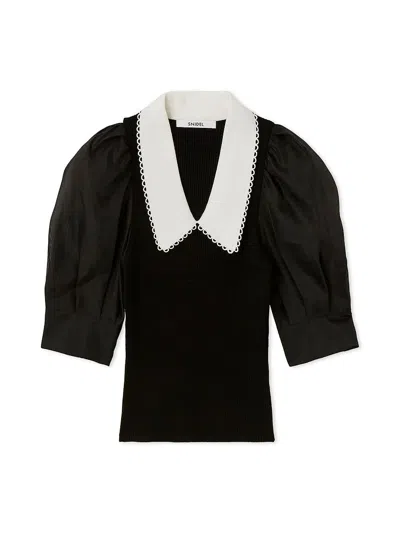 Snidel Sustainable Sheer Knit Pullover With Collar In Black
