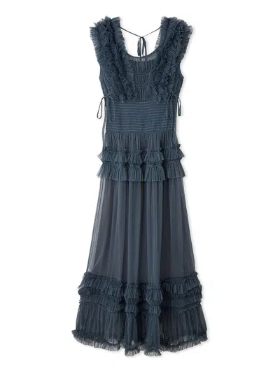 Snidel Tiered Smocked Ruffle Sheer Midi Dress In Blue