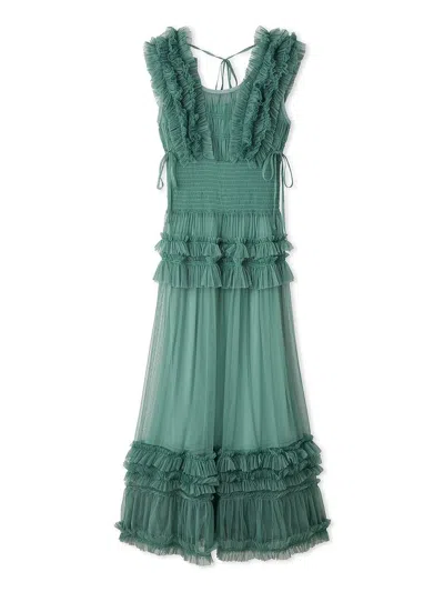 Snidel Tiered Smocked Ruffle Sheer Midi Dress In Green