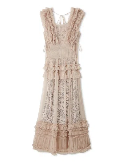 Snidel Tiered Smocked Ruffle Sheer Midi Dress In Neutral