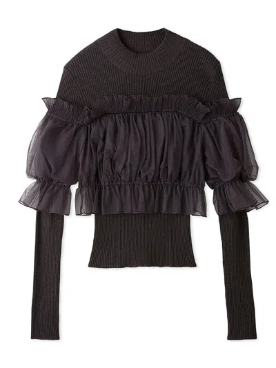 Snidel Tulle Off-shoulder Docking Knit Pullover In Gray