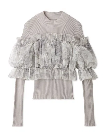 Snidel Tulle Off-shoulder Docking Knit Pullover In Gray
