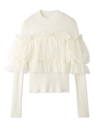 Snidel Tulle Off-shoulder Docking Knit Pullover In White