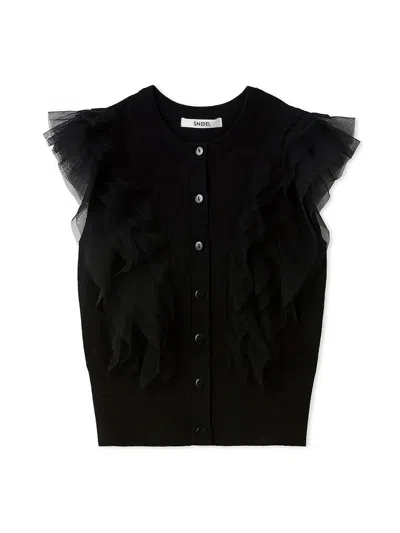 Snidel Tulle Ruffle Crew Knit In Black