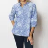 Sno Skins Embroidered Collarless Button Top In Wedgewood
