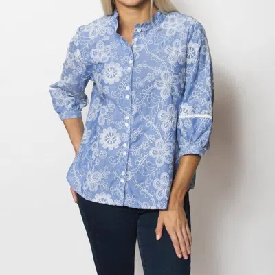 Sno Skins Embroidered Collarless Button Top In Wedgewood