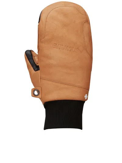 Snowlife Smooth Tan Leather Mittens With Ribbed Cuff And Accents In Brown