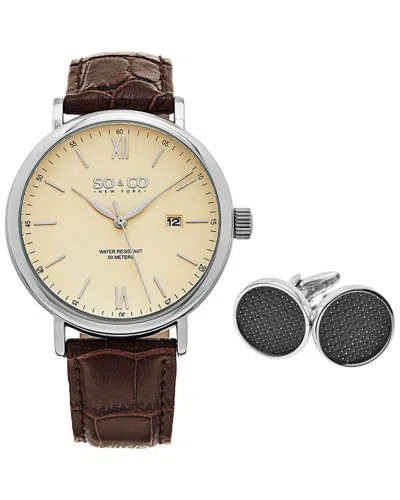 So & Co Men's Madison Watch & Cuff Links In Brown