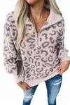 So Me Animal Print Super Soft Fleece Half Zip Sweater In Cream In White
