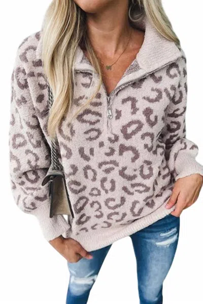 So Me Animal Print Super Soft Fleece Half Zip Sweater In Cream In White