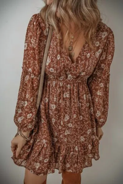 So Me Boho Floral Ruffled Puff Sleeve V Neck Mini Dress In Brown