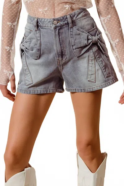 So Me Bow Ribbon Knot Pocket Denim Shorts In Blue In Gray