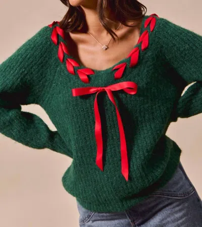 So Me Bow Sweater In Hunter And Red In Multi