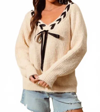 So Me Braided Ribbon V-neck Sweater Top In Beige In Brown