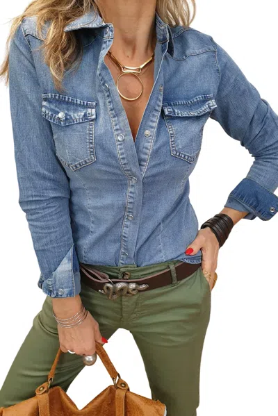 So Me Buttoned Down Denim Shirt In Denim Blue In Multi