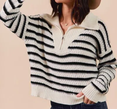 So Me Cable Knit Stripe Zip Up Sweater In Multi In White