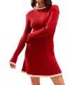 So Me Cindy Contrast Edge Rib Flared Mini Sweater Dress In Red