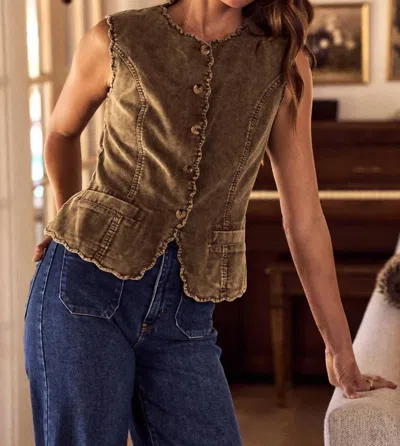 So Me Corduroy Crush Button Front Vest In Olive In Brown