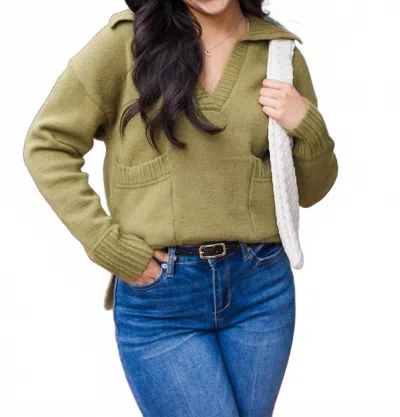 So Me Cozy Up V-neck Sweater In Olive In Green