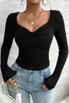 So Me Deep V Neck Low Cut Twist Elastic Top In Black