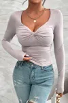 So Me Deep V Neck Low Cut Twist Elastic Top In Grey