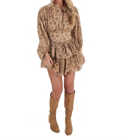 So Me Floral Flutter Tiered Boho Mini Dress In Camel In Brown