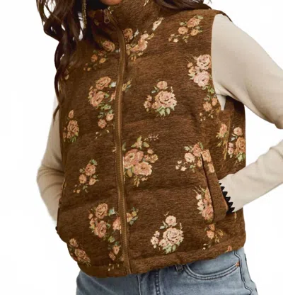 So Me Floral Jacquard Quilted Vest In Brown