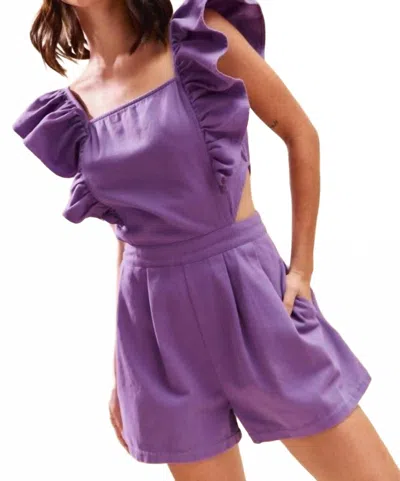 So Me Game Day Cut Out Waist Denim Romper In Purple